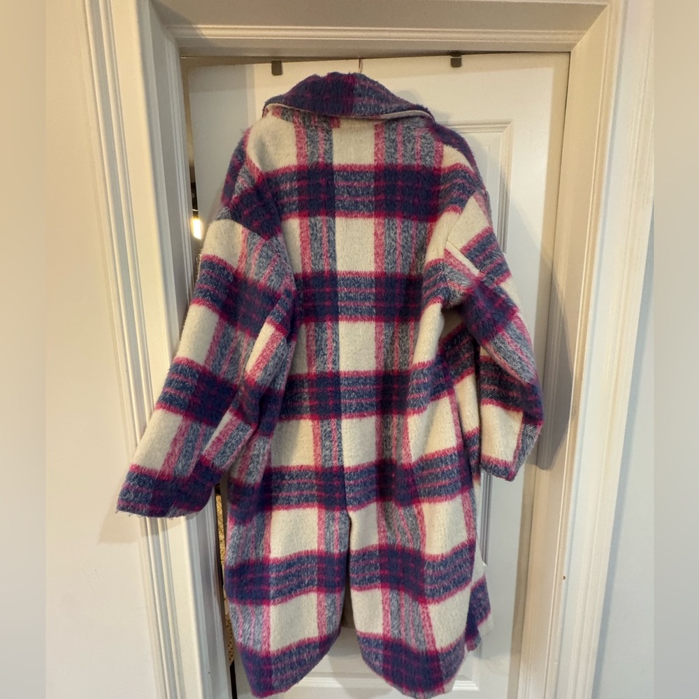 Vici Plaid Long Coat in Pink and Blue - colorful coat - Picture 4 of 5